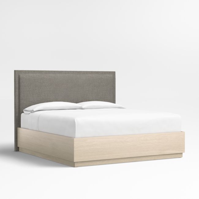 Meraux 56" Dark Grey Upholstered King Headboard with Batten White Oak Storage Bed Base - Image 0