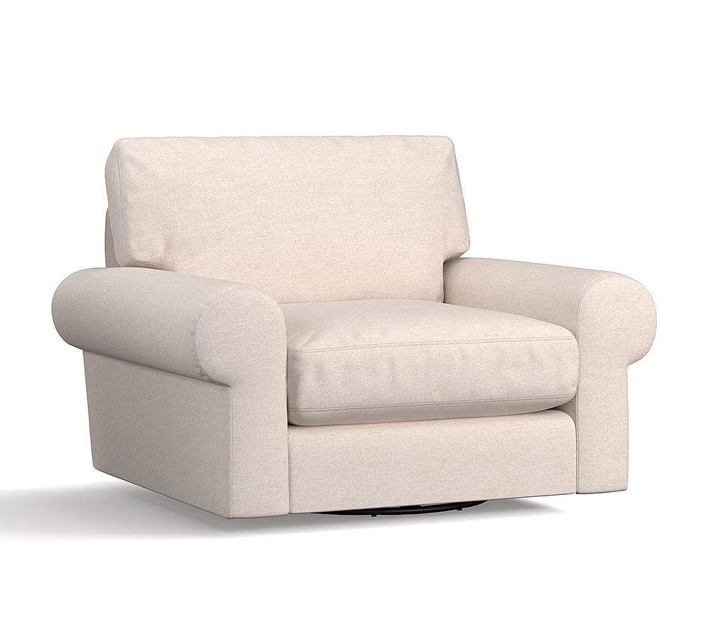 Turner Roll Arm Upholstered Swivel Armchair, Down Blend Wrapped Cushions, Performance Heathered Basketweave Platinum - Image 0
