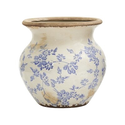 7In. Tuscan Ceramic Blue Scroll Urn Vase - Image 0