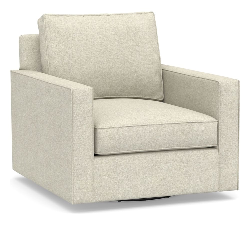 Cameron Square Arm Upholstered Deep Seat Swivel Armchair, Polyester Wrapped Cushions, Performance Heathered Basketweave Alabaster White - Image 0
