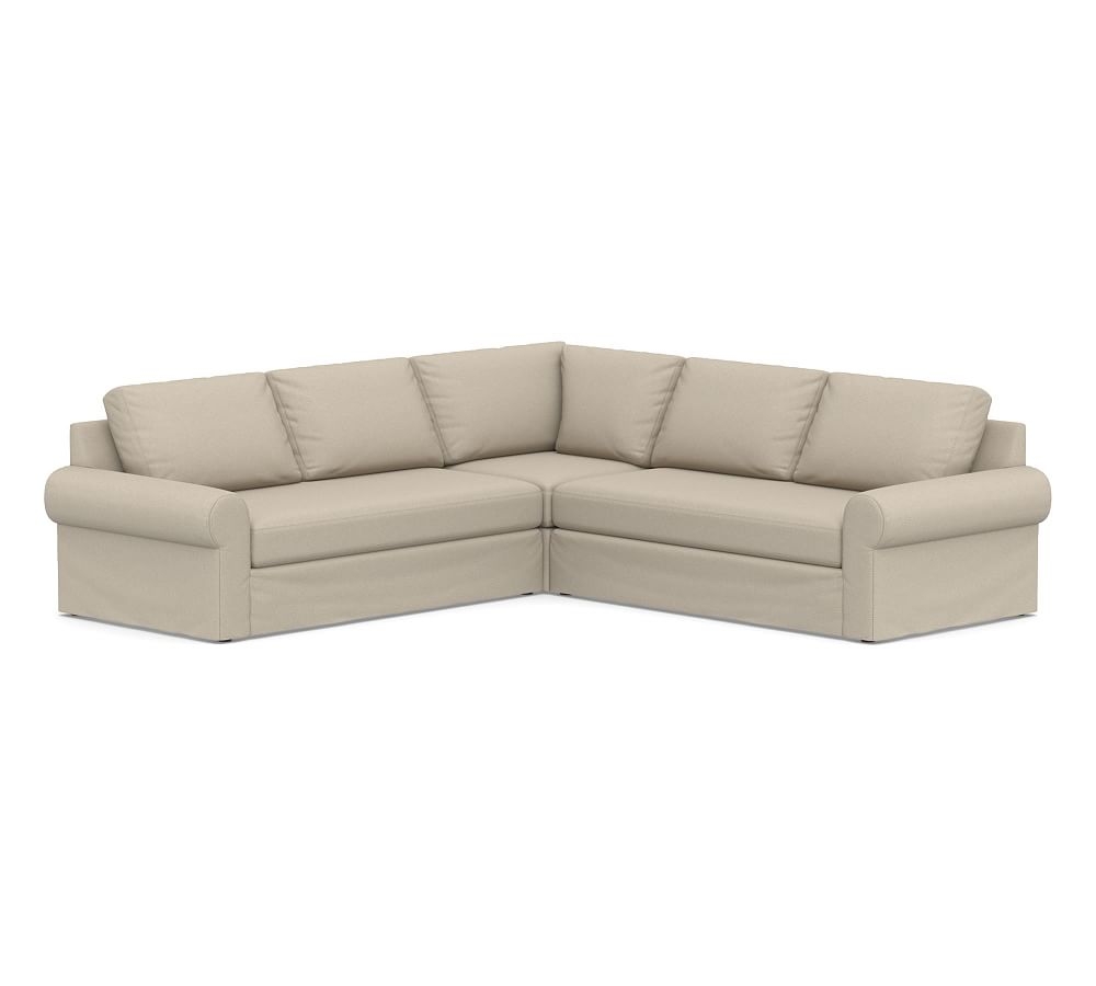 Big Sur Roll Arm Slipcovered 3-Piece L-Shaped Corner Sectional with Bench Cushion, Down Blend Wrapped Cushions, Brushed Crossweave Natural - Image 0