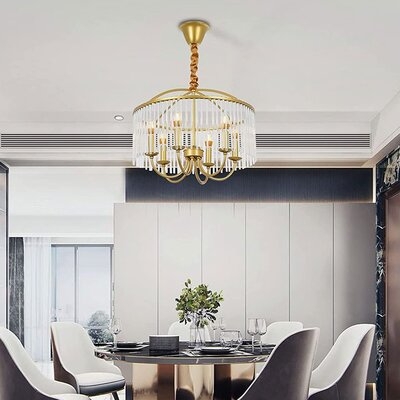 20 Inch Modern 6-Light Crystal Pendant Light, Height Adjustable Champagne Gold Chandelier With Crystal Strips For Dining Room,Kitchen, Bedroom,Living Room - Image 0
