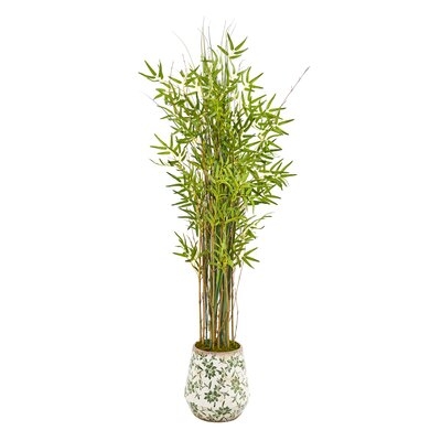 64 Grass Artificial Bamboo Plant In Floral Print Planter" - Image 0