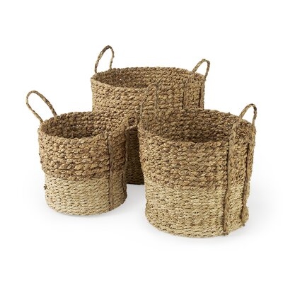 15.7L X 15.7 (Set Of 3) Brown Two Tone Water Hyacinth And Cornhusk Round Basket W/ Handles - Image 0
