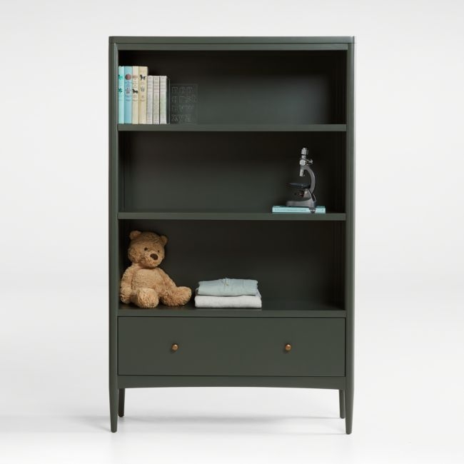 Hampshire Tall Olive Green Wood 3-Shelf Kids Bookcase with Drawer - Image 0