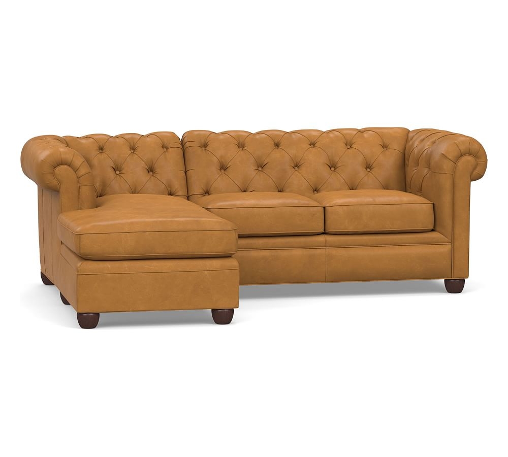 Chesterfield Roll Arm Leather Right Arm 2-Piece Sectional With Chaise, Polyester Wrapped Cushions, Vintage Camel - Image 0