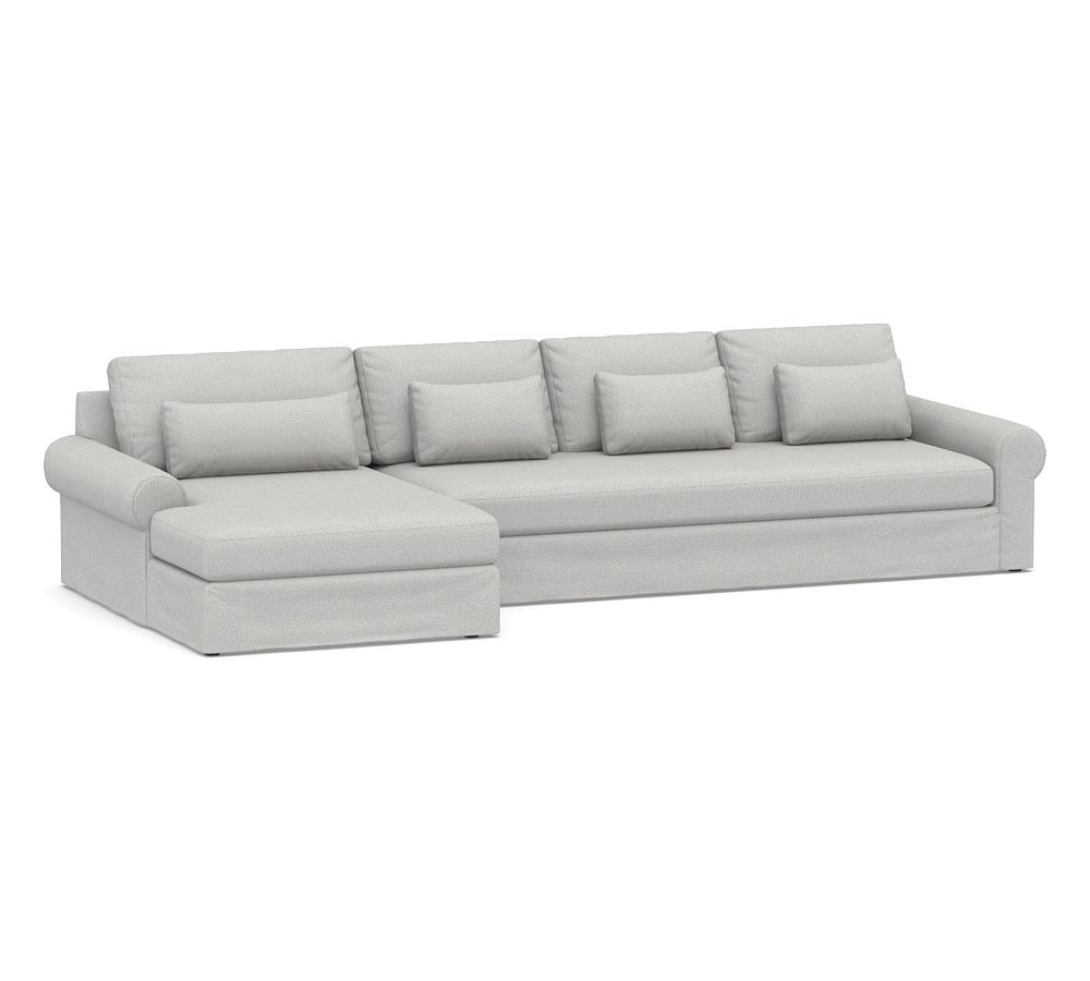 Big Sur Roll Arm Slipcovered Deep Seat Right Arm Grand Sofa with Double Chaise Sectional and Bench Cushion, Down Blend Wrapped Cushions, Park Weave Ash - Image 0
