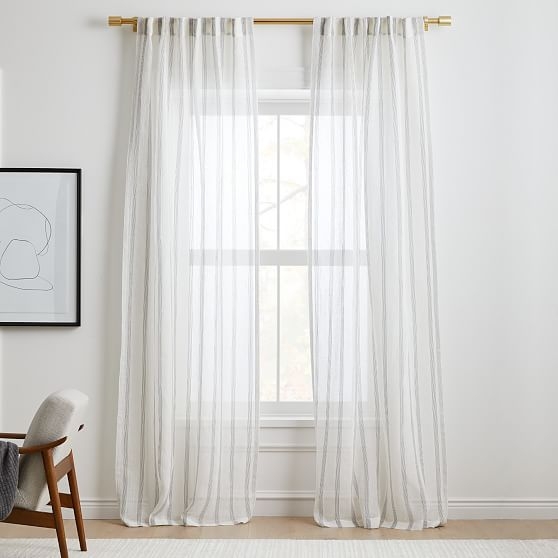 Sheer Linen Cotton Mini Stripe Curtain, Stone White & Slate, 48"x96" - Image 0