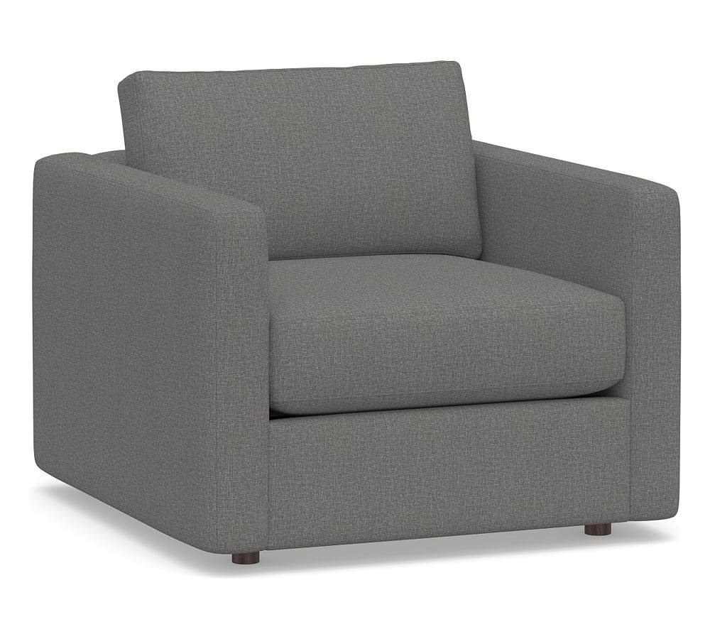 Carmel Slim Square Arm Upholstered Armchair, Down Blend Wrapped Cushions, Performance Brushed Basketweave Slate - Image 0