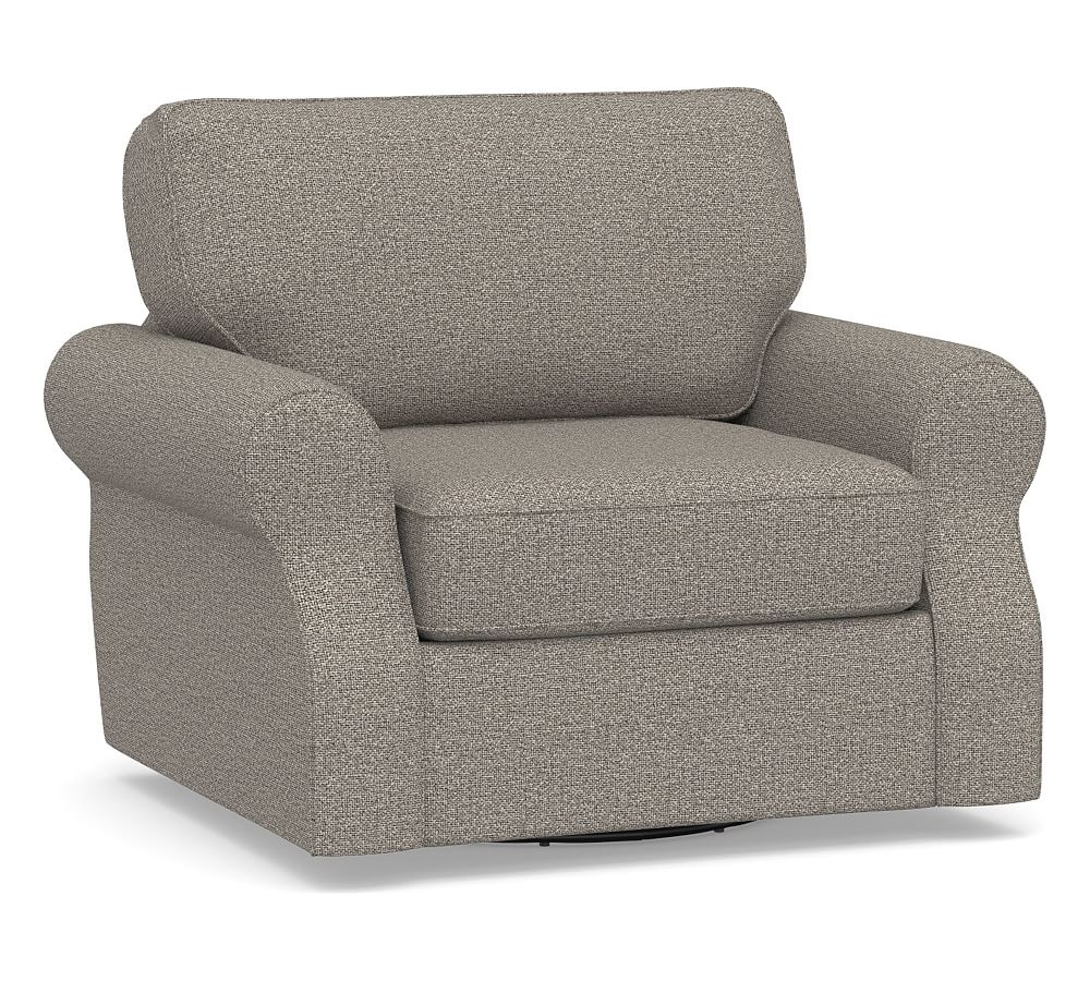SoMa Fremont Roll Arm Upholstered Swivel Armchair, Polyester Wrapped Cushions, Performance Chateau Basketweave Light Gray - Image 0
