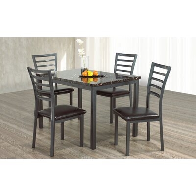 Dining Set With 1 Table Grey Metal With Marble Top And 4 Grey Metal Chair With Black PU Leather - Image 0
