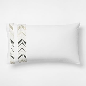 Percale Chasing Arrows Embroidery King Sham, Stone White + Belgian Flax + Iron Gate - Image 0