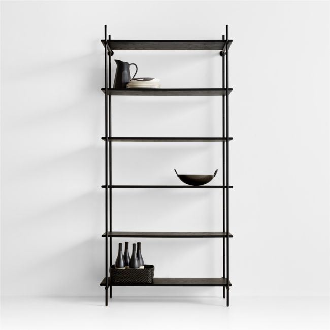 Petra Black Oak Wood and Metal Wide Wall-Mounted Bookcase - Image 0