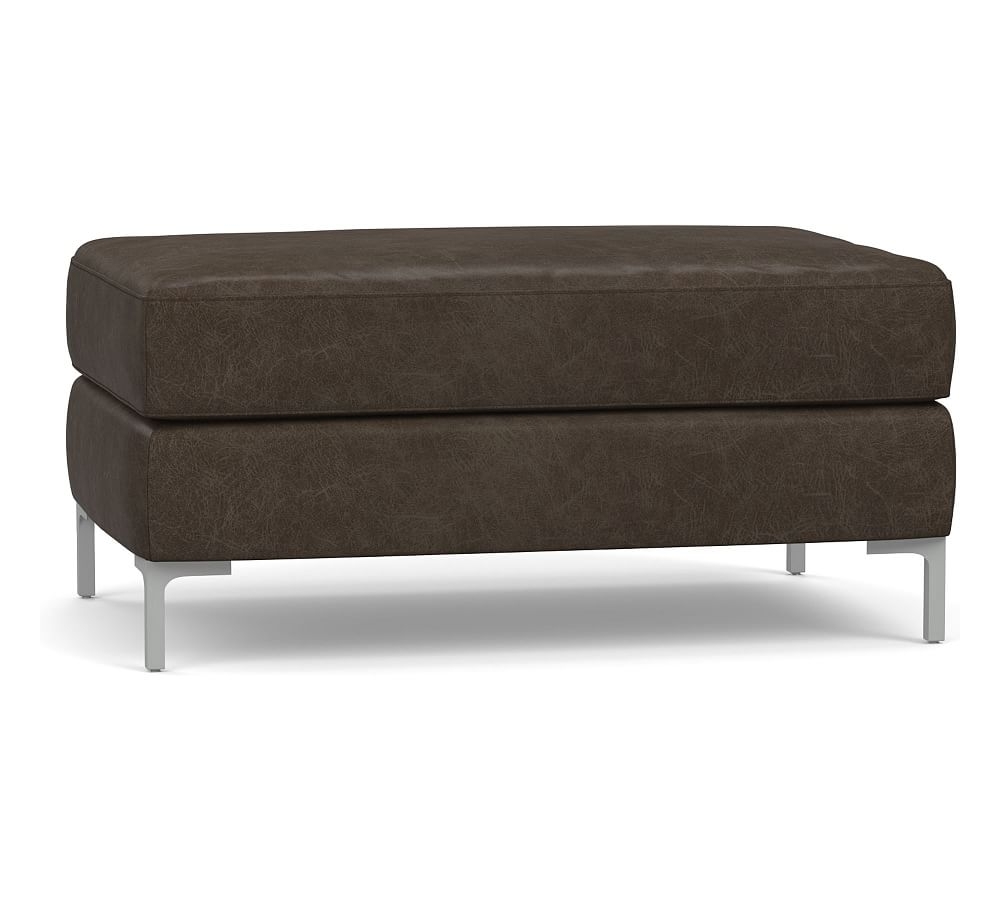 Jake Leather Ottoman with Brushed Nickel Legs, Polyester Wrapped Cushions, Statesville Wolf Gray - Image 0