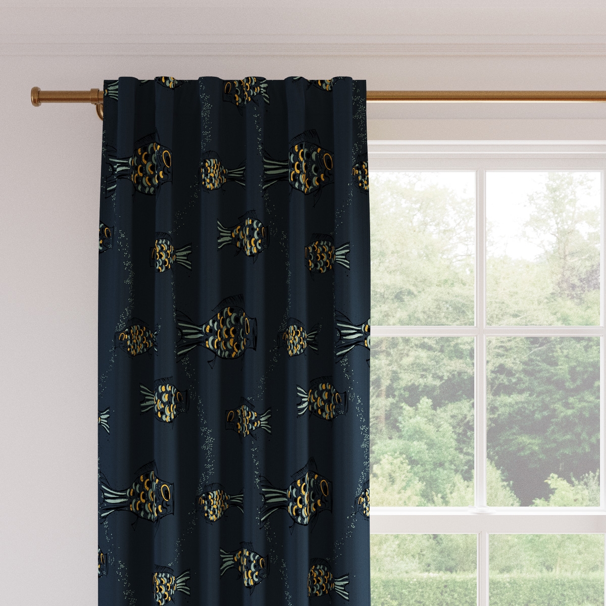 Printed Linen Curtain, Indigo Sakana, 50" x 96", Unlined - Image 1