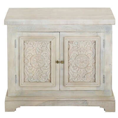42 Inch Distressed Antique White Farmhouse Hand Carved Accent Cabinet - Image 0