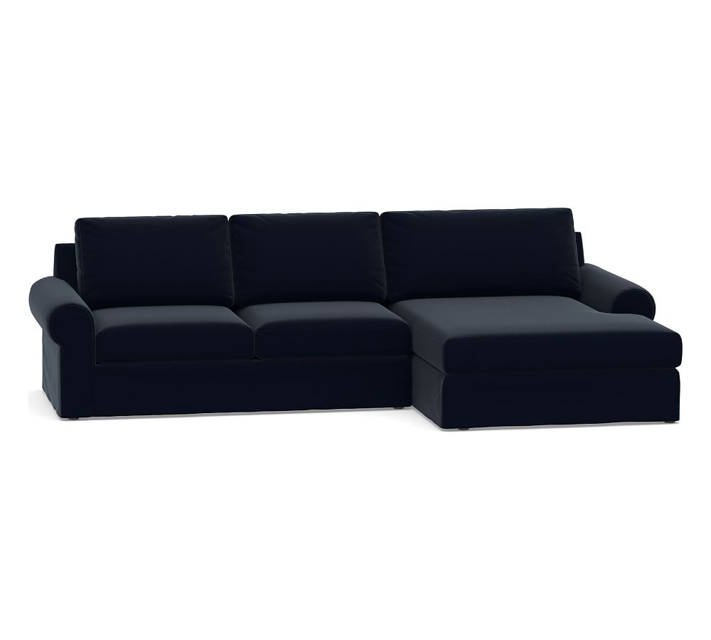 Big Sur Roll Arm Slipcovered Left Arm Loveseat with Double Chaise Sectional, Down Blend Wrapped Cushions, Performance Plush Velvet Navy - Image 0