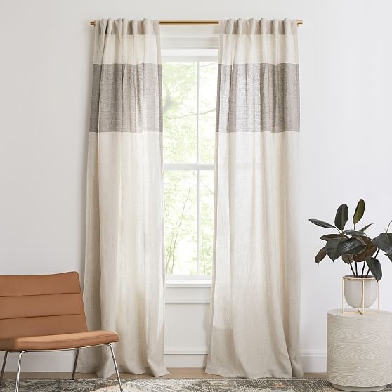 European Flax Linen Contrast Stripe Curtain, Natural/Java, 48"x84" - Image 0