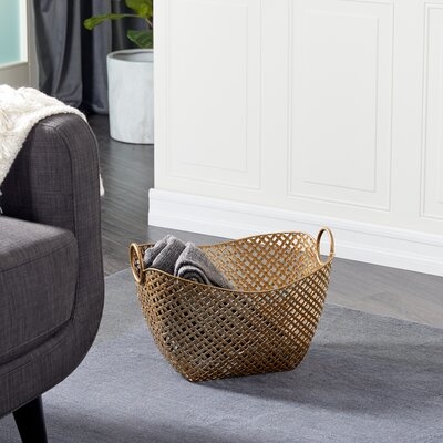 Gold Metal Woven Inspired Storage Basket with Handles 17" x 13" x 11" - Image 1