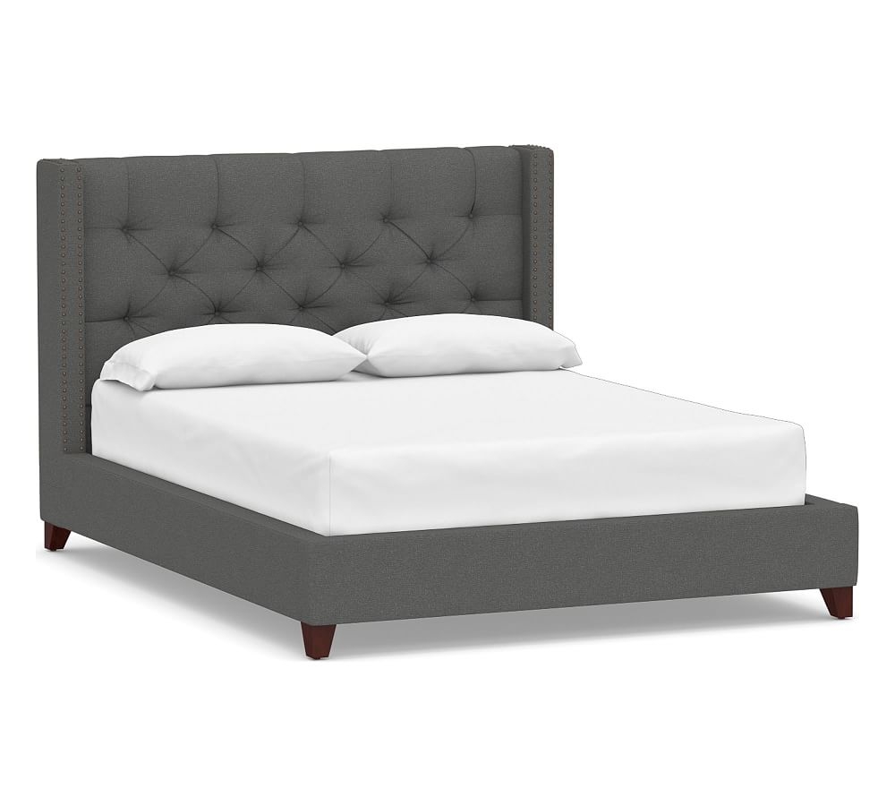 Harper Tufted Upholstered Low Bed with Bronze Nailheads, California King, Park Weave Charcoal - Image 0