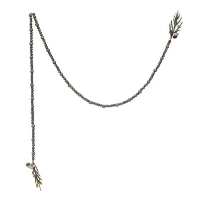 Paulownia Wood Bead Garland With Faux Pine Greenery Tassel, Grey Wash - Image 0