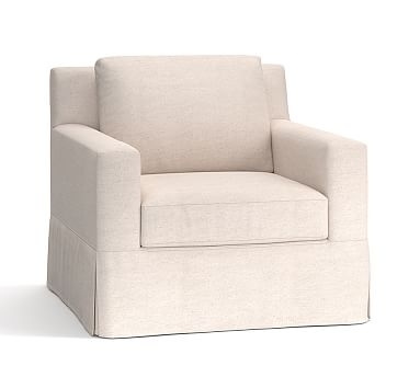 York Square Arm Slipcovered Armchair, Down Blend Wrapped Cushions, Performance Brushed Basketweave Chambray - Image 0