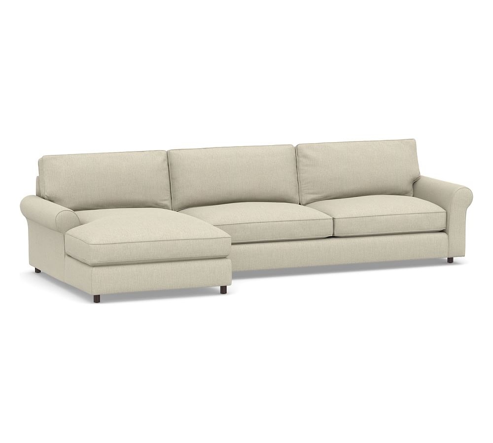 PB Comfort Roll Arm Upholstered Right Arm Sofa with Wide Chaise Sectional, Box Edge Down Blend Wrapped Cushions, Chenille Basketweave Oatmeal - Image 0