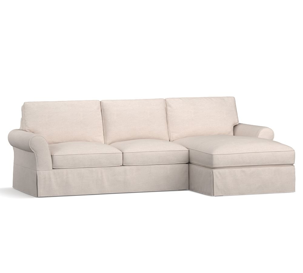 PB Comfort Roll Arm Slipcovered Left Arm Loveseat with Chaise SCT, Box Edge Memory Foam Cushions, Park Weave Ivory - Image 0