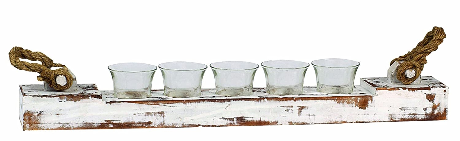 Distressed White Wood Votive Holder with 5 Glass Inserts - Image 1