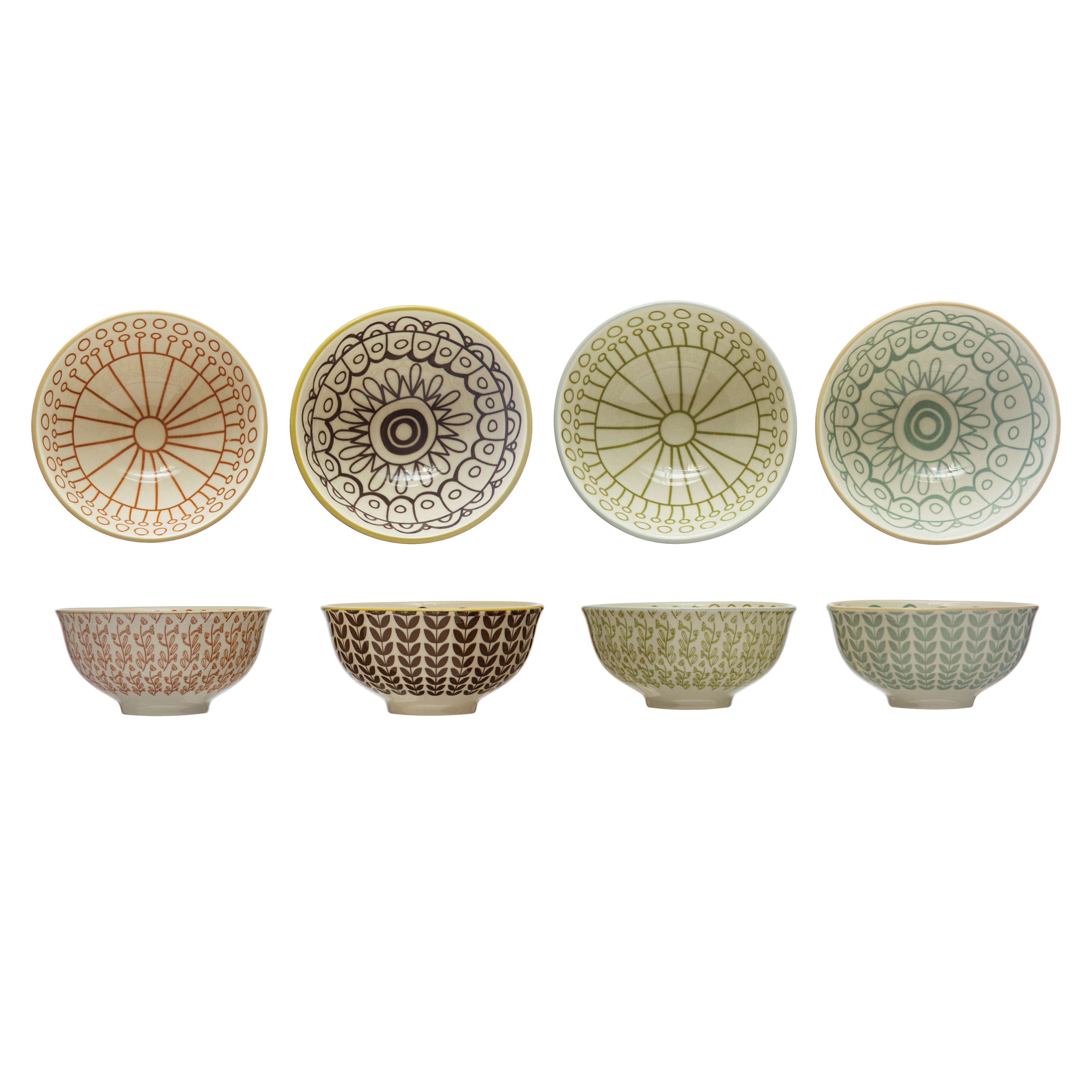 Stoneware Bowls with Painted Patterns, Set of 4 Styles, Multicolor - Image 0