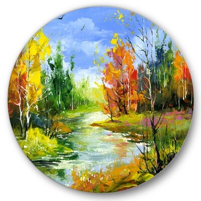 Autumn Landscape With The Wood River - Lake House Metal Circle Wall Art - Image 0