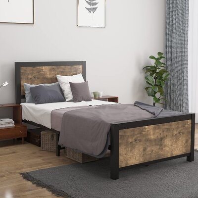 Platform Bed Frame With Wooden Headboard And Headboard, Industrial Rustic Metal Bed Frame, Mattress Foundation, Metal Slat Support, No Box Spring Needed, Queen Rustic Brown - Image 0
