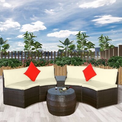 4-Piece Patio Furniture Sets, Outdoor Half-Moon Sectional Furniture Wicker Sofa Set With Two Pillows And Coffee Table, Beige Cushions+Brown Wicker - Image 0