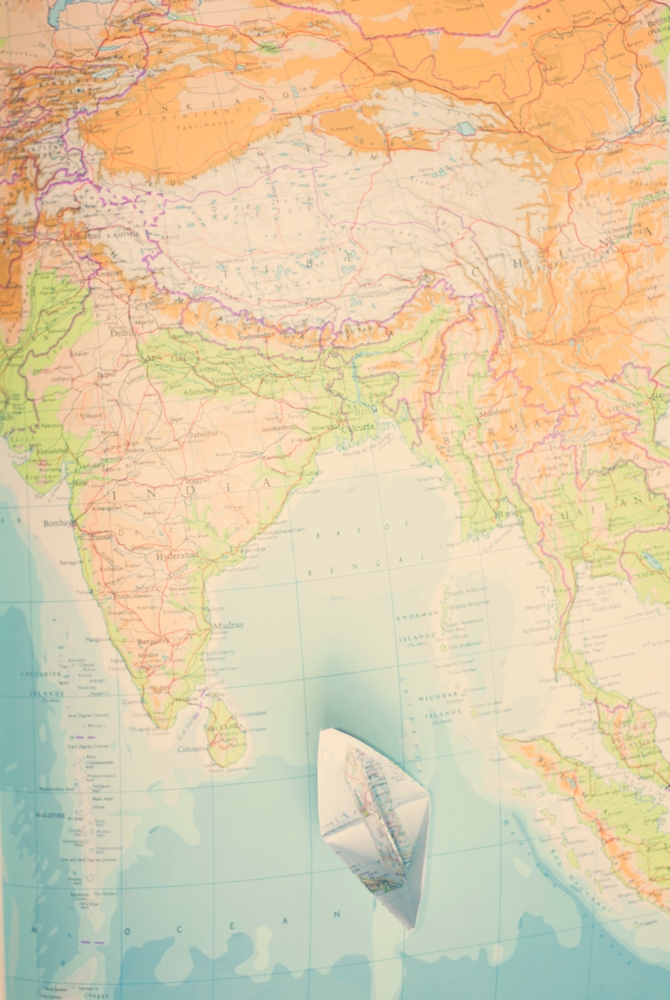 World Map - Wanderlust - Origami Boat - Dreamy Pastel - Nostalgic Asia Travel Photography Framed Art Print by Ingrid Beddoes Photography - Conservation Walnut - Large 24" x 36"-26x38 - Image 1