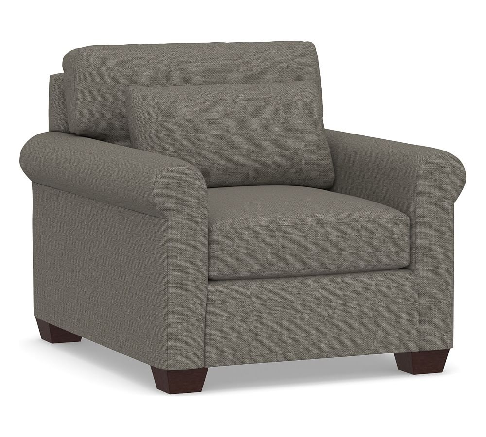 York Roll Arm Upholstered Deep Seat Armchair, Down Blend Wrapped Cushions, Chunky Basketweave Metal - Image 0