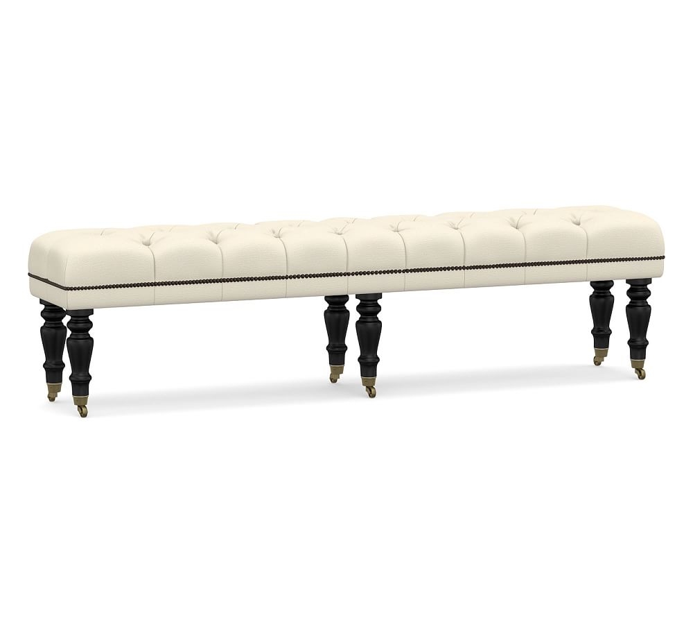 Raleigh Upholstered Tufted King Bench with Black Legs & Bronze Nailheads, Park Weave Ivory - Image 0