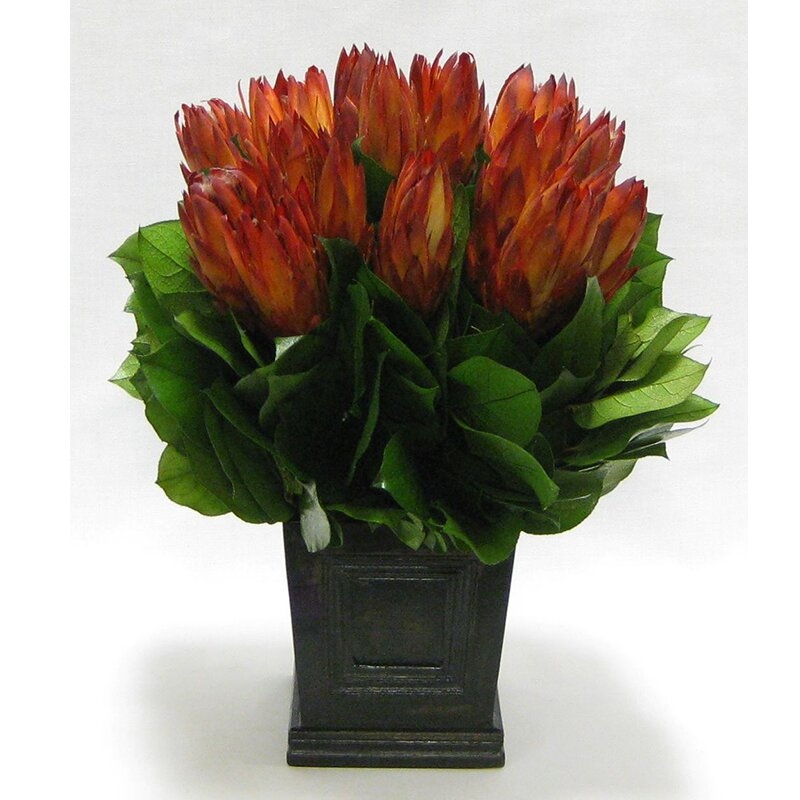 Bougainvillea Protea Floral Centerpiece Wooden Mini Square Planter with Inset - Image 0