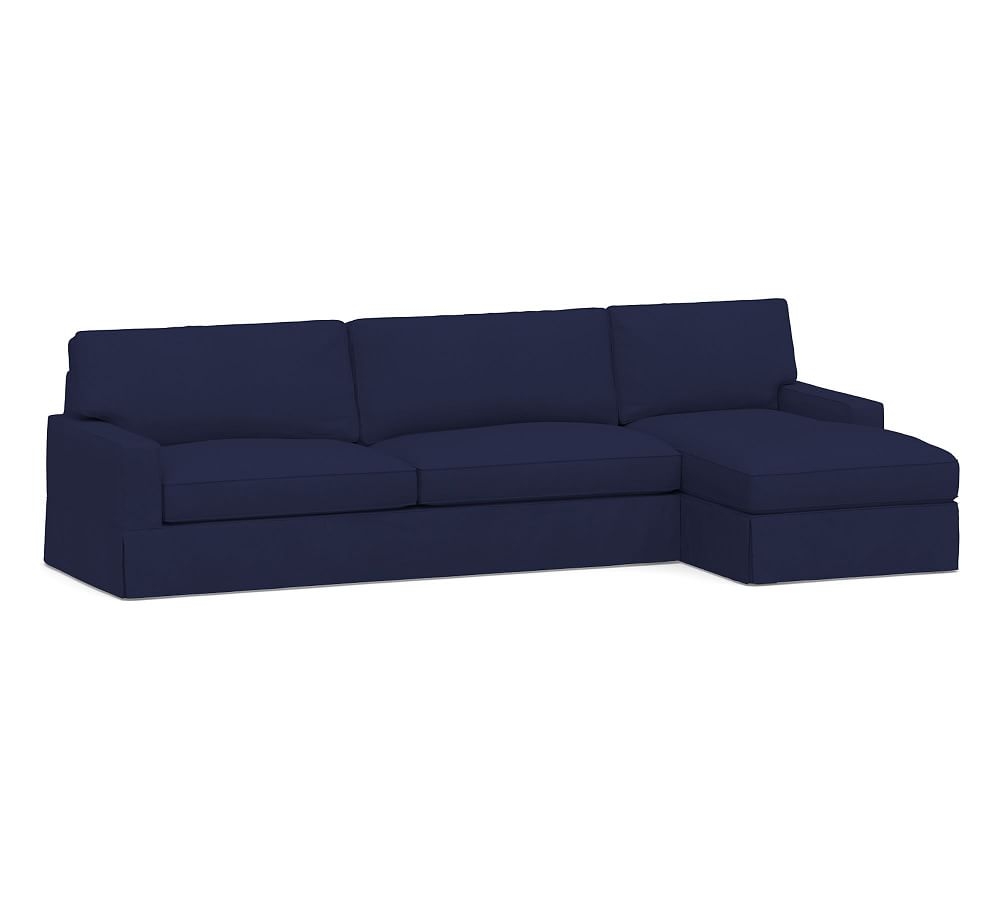 PB Comfort Square Arm Slipcovered Left Arm Sofa with Chaise Sectional, Box Edge Memory Foam Cushions, Performance Twill Cadet Navy - Image 0