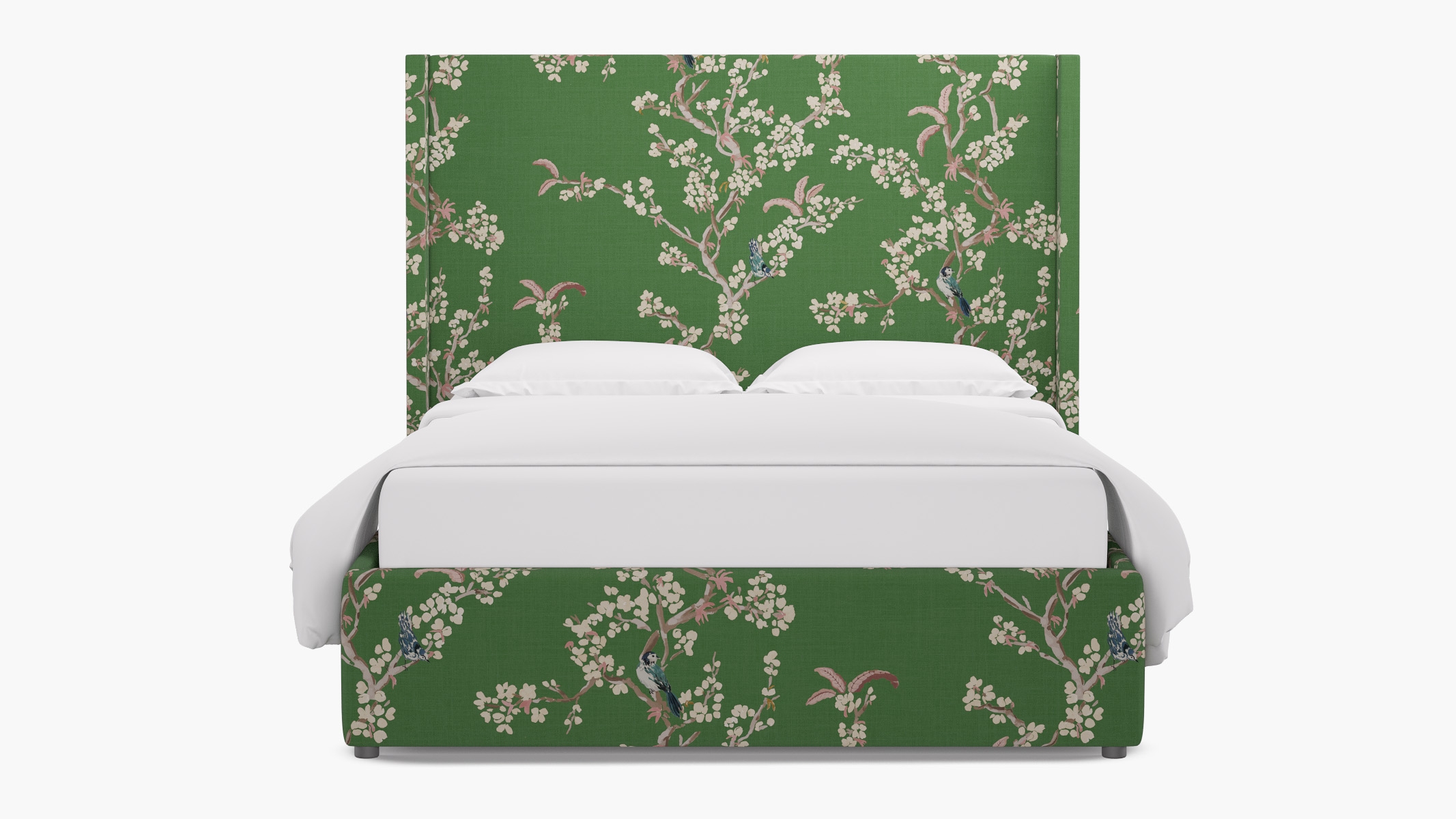 Modern Wingback Bed, Jade Cherry Blossom, Queen - Image 0