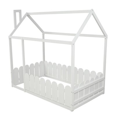 Wood Twin Size Housed Shaped Bed Frame With Fence, White - Image 0