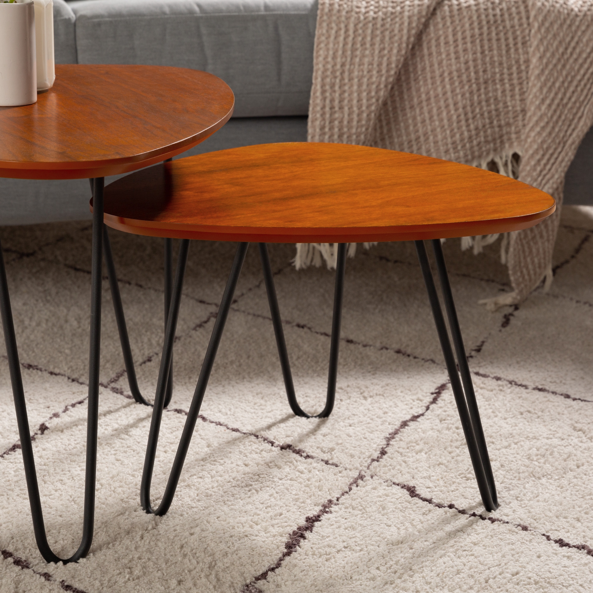 Guitar Pick Hairpin Leg Mid Century Modern Nesting Coffee Table Set - Walnut - Image 4