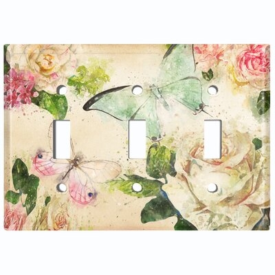 Metal Light Switch Plate Outlet Cover (Flower Rose Butterfly 2 - Triple Toggle) - Image 0