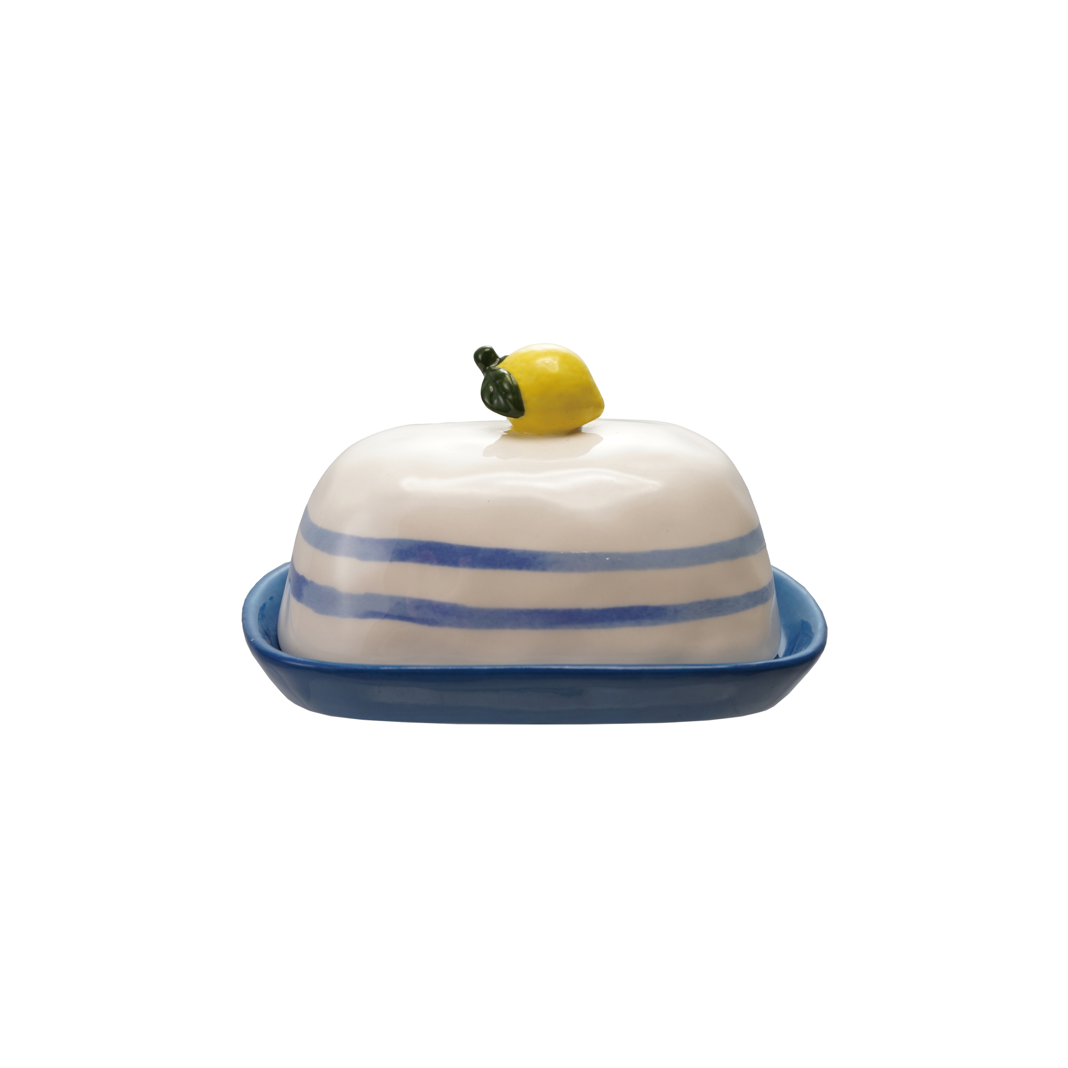 Hand-Painted Stoneware Butter Dish with Lemon Shaped Handle and Stripes, Multicolor - Image 0
