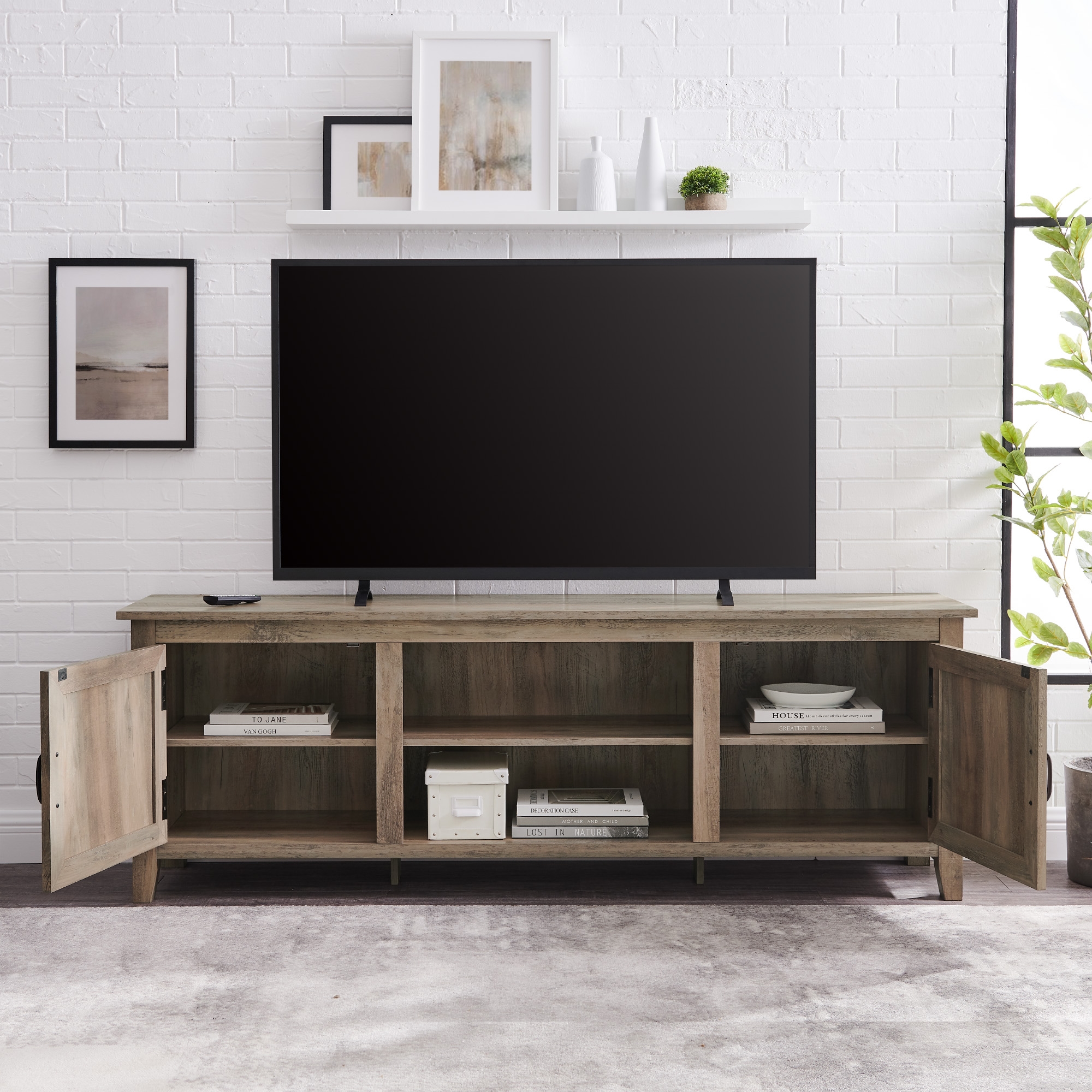 70" Modern Farmhouse Simple Grooved Door Wood TV Stand - Grey Wash  - Image 6