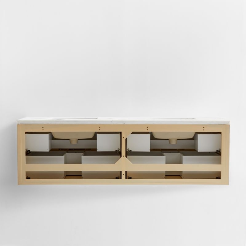 Batten 72" White Marble Top and Oak Wood Double Sink Floating Vanity - Image 8