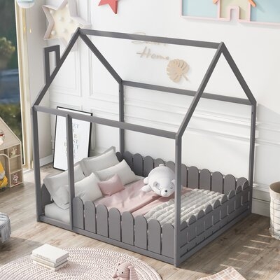Full Size Wood Bed House Bed Frame With Fence, For Kids, Teens, Girls, Boys (Gray ) - Image 0