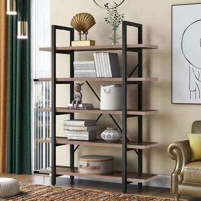 , (5 Shelves) 63" H x 47.2" W x 12.7" D 5-Level Industrial Bookcase With Rustic Wood And Metal Frame, Large Open Bookshelf For Living Room, Home, Office, Study - Image 0