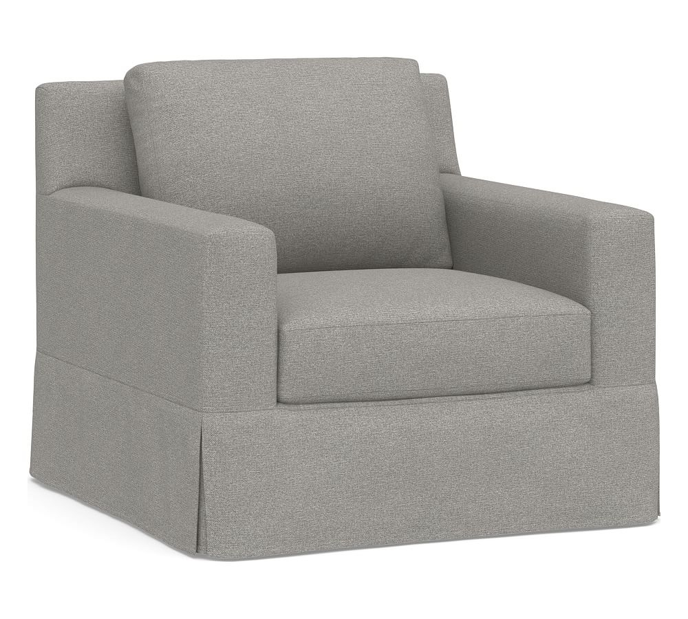 York Square Arm Slipcovered Armchair, Down Blend Wrapped Cushions, Performance Heathered Basketweave Platinum - Image 0