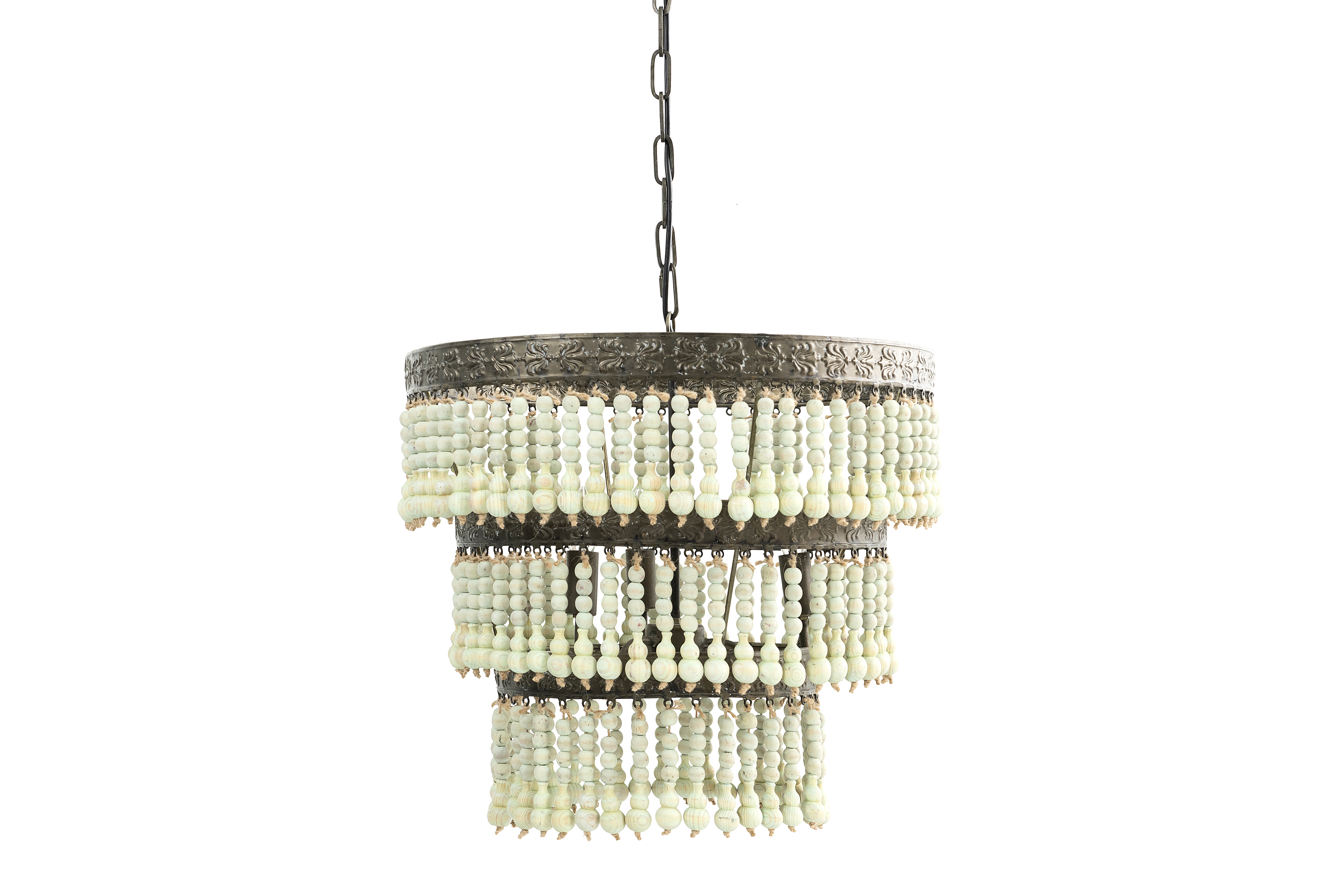 3-Tier Round Metal Chandelier with 3 Lights & Hanging Wood Beads - Image 0