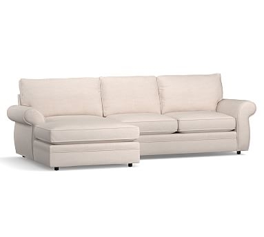 Pearce Roll Arm Upholstered Right Arm Loveseat with Double Chaise Sectional, Down Blend Wrapped Cushions, Performance Brushed Basketweave Oatmeal - Image 0